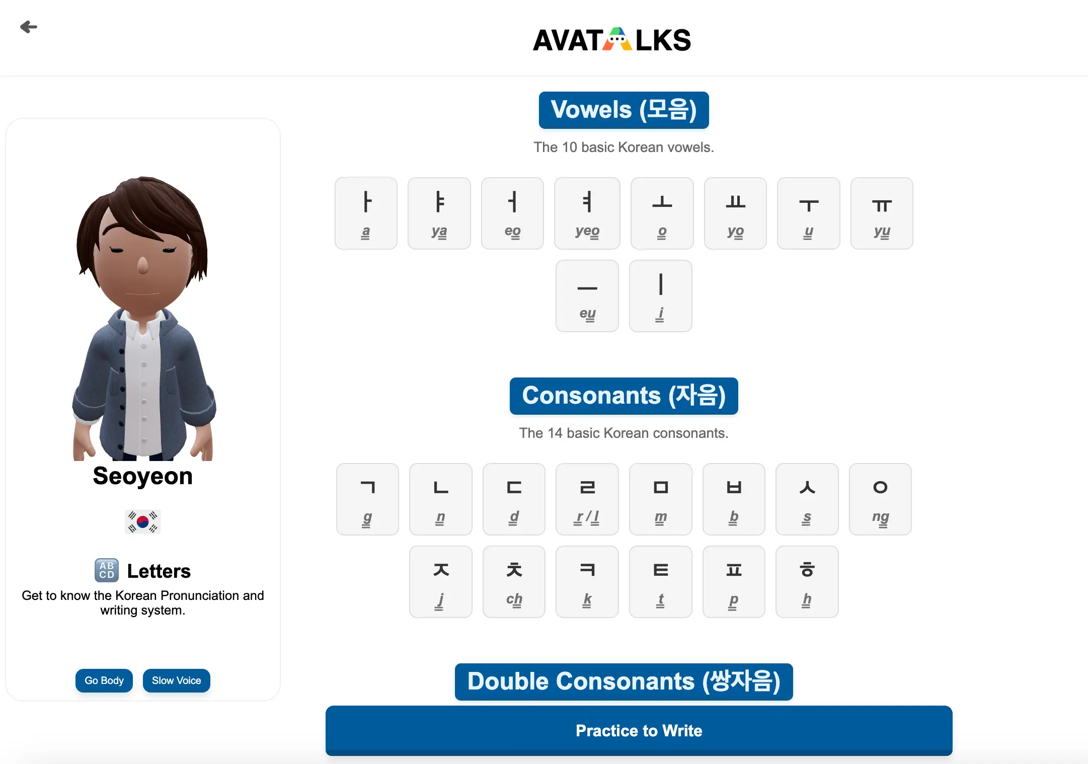 Korean Character interactive pronunciation table