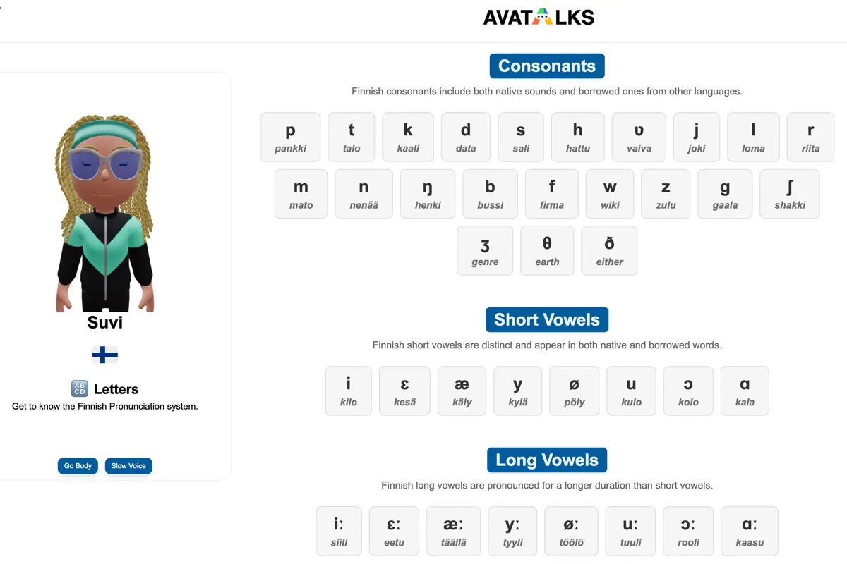 finnish character interactive table with pronunciation
