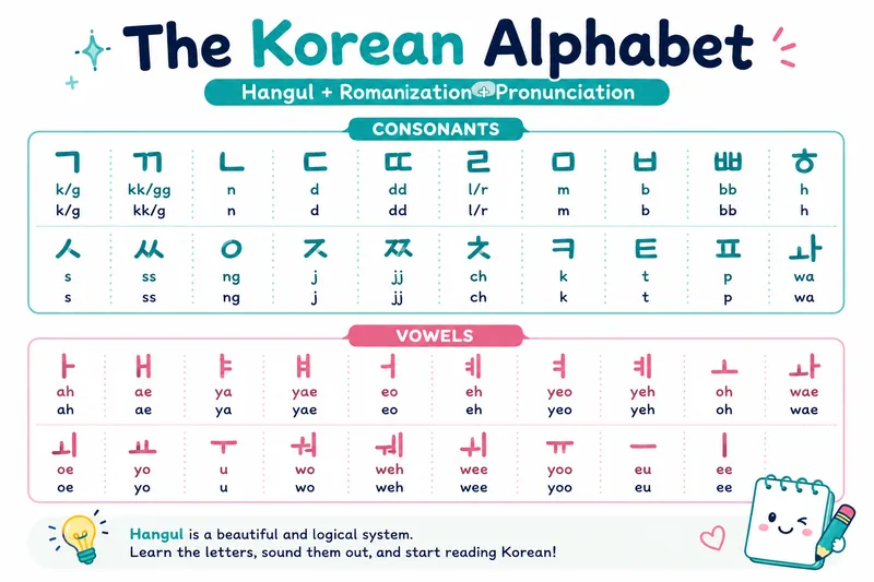 Korean alphabet A to Z Consonants and vowels chart