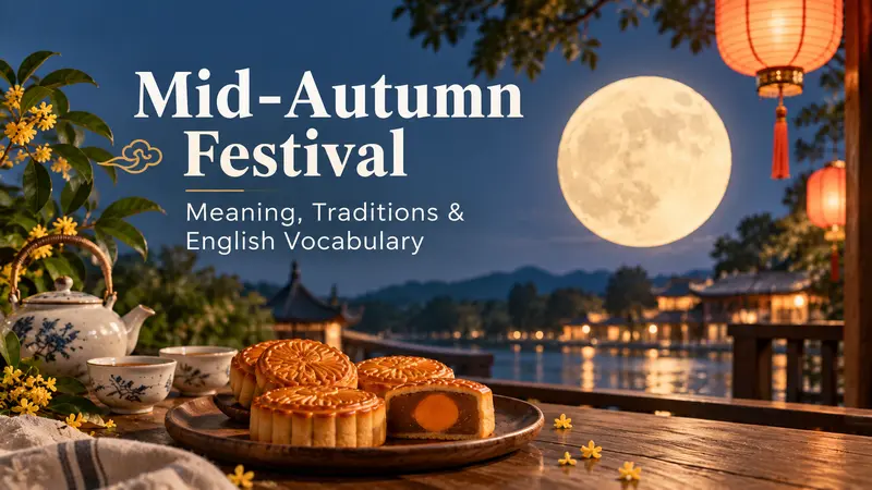 Mid-Autumn Festival in Chinese with mooncakes lanterns and a full moon