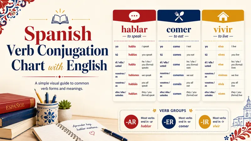 Spanish verb conjugation chart with English