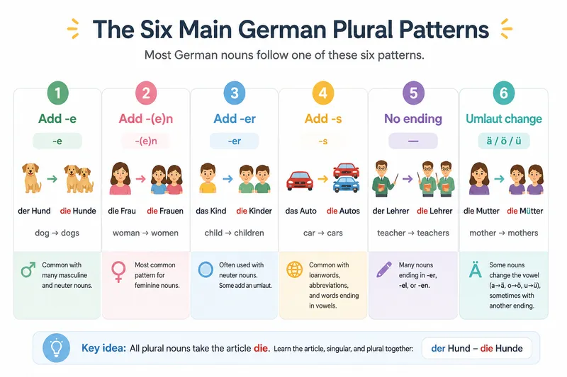 Six common German plural patterns with examples